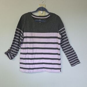 Lands' End Striped Gray and Pink Long Sleeve Top With Roll/button Sleeves